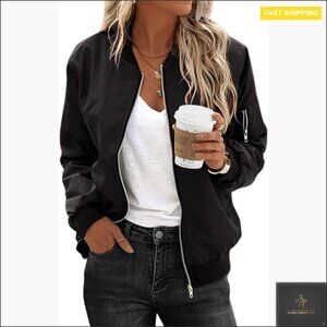 Lightweight Quilted Bomber Jacket with Pockets, Zip Front, Long Sleeve